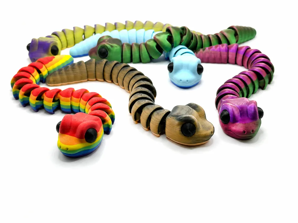 A colourful collection of articulated baby snake toys